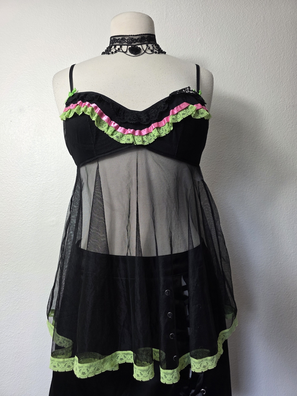 Black Sheer Lace Trim Slip Dress